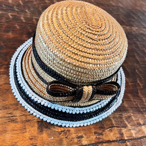 Vintage Black & Natural Straw Cloche Hat With Bow - Picture 4 of 8